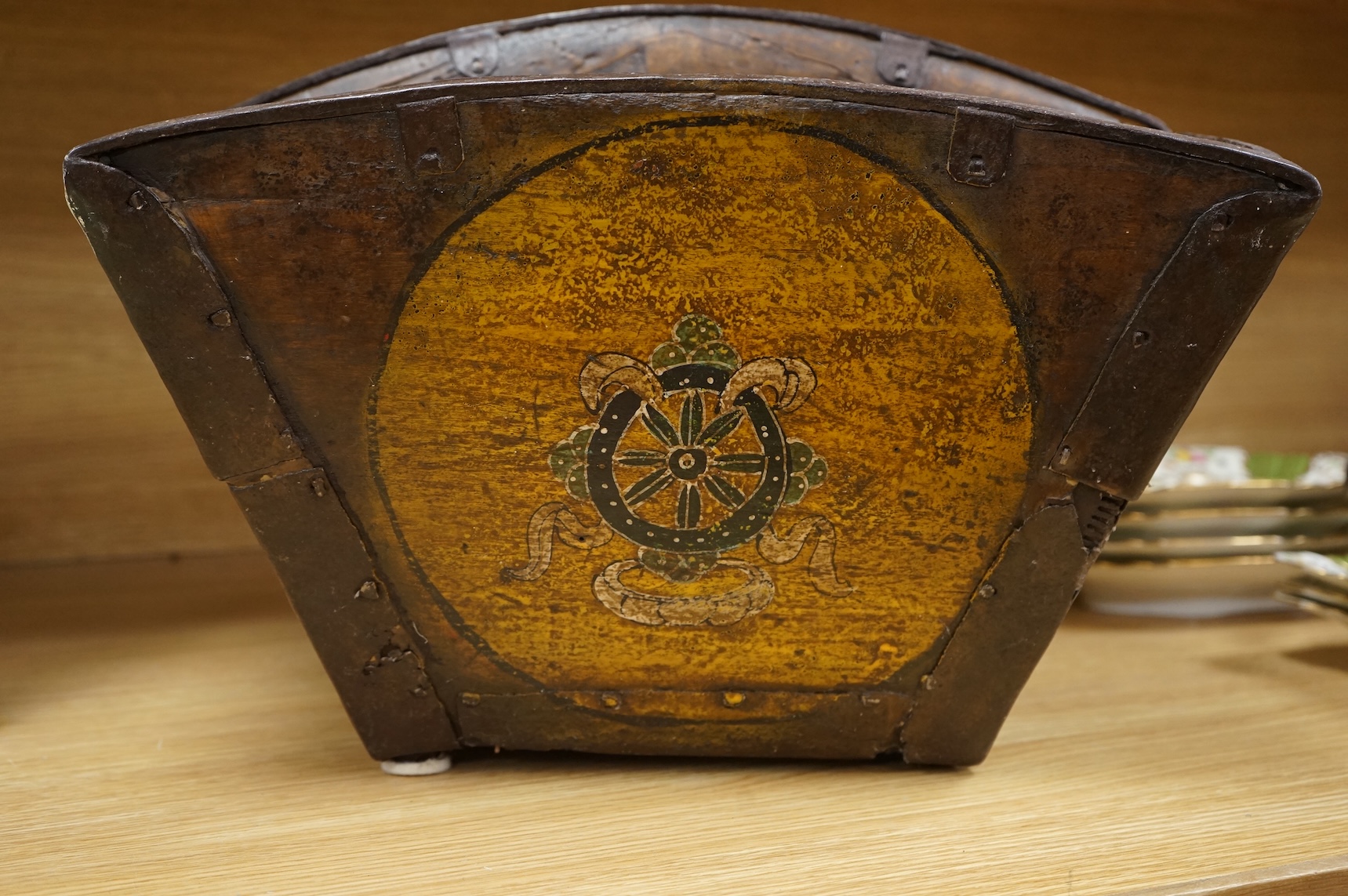 A 19th century Chinese hardwood painted rice carrier, 39cm square, 33cm high.